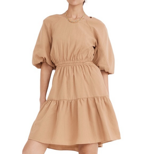 NWT Madewell Seersucker Beige Puff‎ Sleeve Cut Out Mini Dress XL